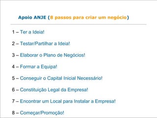 Apoio ANJE (8 passos para criar um negócio)
1 – Ter a Ideia!
2 – Testar/Partilhar a Ideia!
3 – Elaborar o Plano de Negócios!
4 – Formar a Equipa!
5 – Conseguir o Capital Inicial Necessário!
6 – Constituição Legal da Empresa!
7 – Encontrar um Local para Instalar a Empresa!
8 – Começar/Promoção!
 