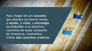 Para chegar em um conceito
que abarque ao mesmo tempo
a missão, a visão, a estratégia
da GlobalBev e os objetivos
concretos da nossa campanha
de incentivos, resolvemos
trilhar dois caminhos criativos.
1
2
 