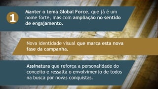 Manter o tema Global Force, que já é um
nome forte, mas com ampliação no sentido
de engajamento.
Nova identidade visual que marca esta nova
fase da campanha.
Assinatura que reforça a personalidade do
conceito e ressalta o envolvimento de todos
na busca por novas conquistas.
1
 