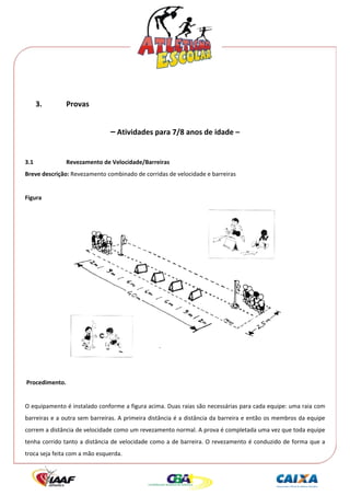  




 
       3.        Provas 
 

                                   – Atividades para 7/8 anos de idade – 
                                                               
3.1              Revezamento de Velocidade/Barreiras  
Breve descrição: Revezamento combinado de corridas de velocidade e barreiras 
 
Figura 




                                                                                                            
 
 Procedimento. 
 
O equipamento é instalado conforme a figura acima. Duas raias são necessárias para cada equipe: uma raia com 
barreiras e a outra sem barreiras. A primeira distância é a distância da barreira e então os membros da equipe 
correm a distância de velocidade como um revezamento normal. A prova é completada uma vez que toda equipe 
tenha  corrido  tanto  a  distância  de  velocidade  como  a  de  barreira.  O  revezamento  é  conduzido  de  forma  que  a 
troca seja feita com a mão esquerda. 
 
