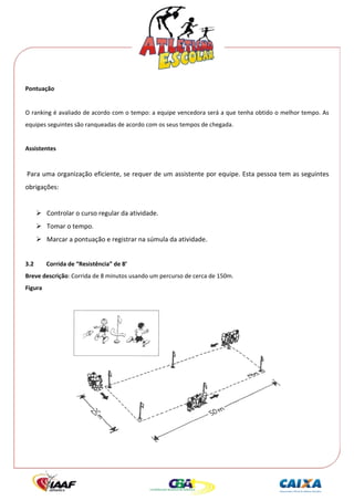  




Pontuação 
 
O ranking é avaliado de acordo com o tempo: a equipe vencedora será a que tenha obtido o melhor tempo. As 
equipes seguintes são ranqueadas de acordo com os seus tempos de chegada. 
 
Assistentes 
 
 Para uma organização eficiente, se requer de um assistente por equipe. Esta pessoa tem as seguintes 
obrigações: 
 
          Controlar o curso regular da atividade. 
          Tomar o tempo. 
          Marcar a pontuação e registrar na súmula da atividade. 
 
3.2       Corrida de “Resistência” de 8’ 
Breve descrição: Corrida de 8 minutos usando um percurso de cerca de 150m. 
Figura 
 




                                                                                          
 
 