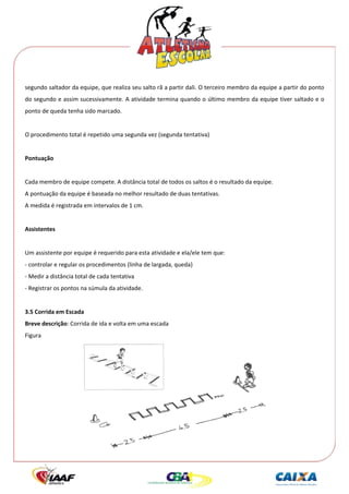  




segundo saltador da equipe, que realiza seu salto rã a partir dali. O terceiro membro da equipe a partir do ponto 
do segundo e assim sucessivamente. A atividade termina quando o último membro da equipe tiver saltado e o 
ponto de queda tenha sido marcado. 
 
O procedimento total é repetido uma segunda vez (segunda tentativa) 
 
Pontuação 
 
Cada membro de equipe compete. A distância total de todos os saltos é o resultado da equipe. 
A pontuação da equipe é baseada no melhor resultado de duas tentativas. 
A medida é registrada em intervalos de 1 cm. 
 
Assistentes 
 
Um assistente por equipe é requerido para esta atividade e ela/ele tem que: 
‐ controlar e regular os procedimentos (linha de largada, queda) 
‐ Medir a distância total de cada tentativa 
‐ Registrar os pontos na súmula da atividade. 
 
3.5 Corrida em Escada 
Breve descrição: Corrida de ida e volta em uma escada 
Figura 




                                                                                            
 