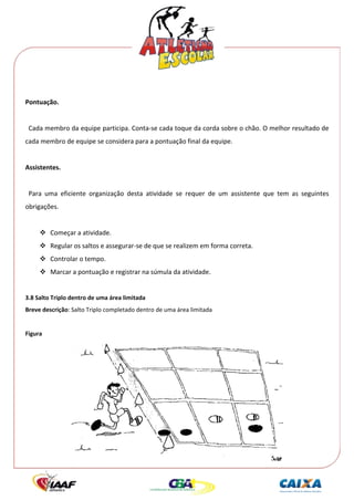  




 
Pontuação. 
 
  Cada membro da equipe participa. Conta‐se cada toque da corda sobre o chão. O melhor resultado de 
cada membro de equipe se considera para a pontuação final da equipe. 
 
Assistentes. 
 
  Para  uma  eficiente  organização  desta  atividade  se  requer  de  um  assistente  que  tem  as  seguintes 
obrigações. 
 
          Começar a atividade. 
          Regular os saltos e assegurar‐se de que se realizem em forma correta. 
          Controlar o tempo. 
          Marcar a pontuação e registrar na súmula da atividade. 
 
3.8 Salto Triplo dentro de uma área limitada 
Breve descrição: Salto Triplo completado dentro de uma área limitada 
 
Figura 




                                                                                              
 