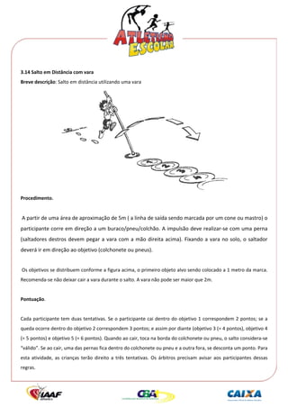  




3.14 Salto em Distância com vara 
Breve descrição: Salto em distância utilizando uma vara 




                                                                                                             
Procedimento. 
 
 A partir de uma área de aproximação de 5m ( a linha de saída sendo marcada por um cone ou mastro) o 
participante corre em direção a um buraco/pneu/colchão. A impulsão deve realizar‐se com uma perna 
(saltadores  destros  devem  pegar  a  vara  com  a  mão  direita  acima).  Fixando  a  vara  no  solo,  o  saltador 
deverá ir em direção ao objetivo (colchonete ou pneus). 
 
 Os objetivos se distribuem conforme a figura acima, o primeiro objeto alvo sendo colocado a 1 metro da marca. 
Recomenda‐se não deixar cair a vara durante o salto. A vara não pode ser maior que 2m. 
 
Pontuação. 
 
Cada participante tem duas tentativas. Se o participante cai dentro do objetivo 1 correspondem 2 pontos; se a 
queda ocorre dentro do objetivo 2 correspondem 3 pontos; e assim por diante (objetivo 3 (= 4 pontos), objetivo 4 
(= 5 pontos) e objetivo 5 (= 6 pontos). Quando ao cair, toca na borda do colchonete ou pneu, o salto considera‐se 
“válido”. Se ao cair, uma das pernas fica dentro do colchonete ou pneu e a outra fora, se desconta um ponto. Para 
esta  atividade,  as  crianças  terão  direito  a  três  tentativas.  Os  árbitros  precisam  avisar  aos  participantes  dessas 
regras.  
 