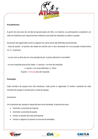  




Procedimentos 
 
A partir de uma área de corrida de aproximação até 10m, no máximo, os participantes completam um 
salto em distância com requerimentos relativos à precisão da impulsão na saída e a queda. 
 
Os pontos são registrados como se seguem (as várias áreas são definidas previamente). 
‐ área de queda : os pontos são dados de acordo com o alvo alcançado em uma posição instável (área 
no. 3 = 3 pontos). 
 
‐ se cair com os dois pés em uma posição de pé, 1 ponto adicional é concedido 
 
‐ se uma impulsão precisa for dada: + 2 pontos = na área de impulsão 
                                  + 1 ponto = em áreas definidas +/‐ 10cm 
                               0 ponto  = fora da área de impulsão 
 
Pontuação 
 
Cada  membro  da  equipe  terá  três  tentativas.  Cada  ponto  é  registrado.  O  melhor  resultado  de  cada 
membro da equipe é contato para o total da equipe. 
 
Assistentes 
 
Um assistente por equipe é requerido para esta atividade. A pessoa tem que: 
    • Controlar a precisão do impulso 
    • Controlar a precisão da queda 
    • Contar os pontos de cada participante 
    • Contar e registrar os pontos na súmula da atividade. 
 