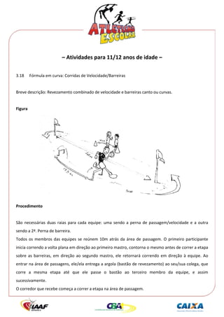  




                          – Atividades para 11/12 anos de idade – 
                                                        
3.18   Fórmula em curva: Corridas de Velocidade/Barreiras 
 
Breve descrição: Revezamento combinado de velocidade e barreiras canto ou curvas. 
 
Figura 




                                                                                                  
Procedimento 
 
São  necessárias  duas  raias  para  cada  equipe:  uma  sendo  a  perna  de  passagem/velocidade  e  a  outra 
sendo a 2ª. Perna de barreira. 
Todos  os  membros  das  equipes  se  reúnem  10m  atrás  da  área  de  passagem.  O  primeiro  participante 
inicia correndo a volta plana em direção ao primeiro mastro, contorna o mesmo antes de correr a etapa 
sobre  as  barreiras,  em  direção  ao  segundo  mastro,  ele  retornará  correndo  em  direção  à  equipe.  Ao 
entrar na área de passagens, ele/ela entrega a argola (bastão de revezamento) ao seu/sua colega, que 
corre  a  mesma  etapa  até  que  ele  passe  o  bastão  ao  terceiro  membro  da  equipe,  e  assim 
sucessivamente. 
O corredor que recebe começa a correr a etapa na área de passagem. 
 