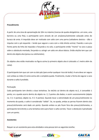  




Procedimento 
 
A partir de uma área de aproximação de 10m no máximo (marcas de queda obrigatórias: um cone, uma 
barreira  ou  uma  fita),  o  participante  corre  através  de  um  aro/pneu/colchonete  colocado  antes  do 
buraco de areia. A impulsão deve ser realizada com salto com uma perna (saltadores destros – dão o 
impulso com o pé esquerdo – tendo que segurar a vara com a mão direita acima). Fixando a vara pra 
frente perto da linha de impulsão e forçando‐a no solo, o participante então “monta” na vara e passa 
sobre o obstáculo montado, forçando‐o a atingir um salto em altura básico. Então ele/ela tem que cair 
dentro do objeto alvo (pneus ou colchonetes). 
 
Os objetos alvo estão mostrados na figura acima (o primeiro objeto alvo é colocado a 1 metro além da 
caixa). 
 
O participante tem que cair com os dois pés (para evitar qualquer risco de lesão). A vara deve ser segura 
com ambas as mãos (!) como acima até a completa queda. Finalmente, mudar a forma de segurar a vara 
durante o salto é proibido. 
 
Pontuação 
Cada  participante  tem  direito  a  duas  tentativas.  Se  ele/ela  cai  dentro  do  objeto  no.1,  é  concedido  1 
ponto; se a queda ocorre dentro do objeto no. 2, 2 pontos são dados; e assim sucessivamente (objeto 
no. 3 (= 3 pontos), objeto no. 4 (= 4 pontos). Quando tocar a extremidade de um pneu/colchonete no 
momento da queda, o salto é considerado “válido”. Se, na queda, ambas as pernas ficarem dentro dos 
pneus/colchonetes  será  dado  um  ponto.  Quando  ambos  os  pés  ficam  fora  dos  pneus/colchonetes,  o 
participante terá direito a uma tentativa extra para fazer o salto correto. Tocar o obstáculo é penalizado 
com um ponto. 
 
Assistentes 
 
Requer‐se um assistente para esta atividade e esta pessoa tem as seguintes tarefas: 
 