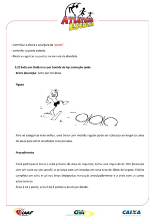  




 
‐ Controlar a altura e a largura da “grade” 
‐ controlar a queda correta 
‐ Medir e registrar os pontos na súmula da atividade 
 
    3.25 Salto em Distância com Corrida de Aproximação curta  
    Breve descrição: Salto por distância 
     
    Figura 




                                                                                            
     
    Para as categorias mais velhas, uma trena com medida regular pode ser colocada ao longo da caixa 
    de areia para obter resultados mais precisos. 
     
    Procedimento 
     
    Cada participante inicia o mais próximo da área de impulsão, toma uma impulsão de 10m (marcada 
    com um cone ou um sarrafo) e se lança com um impulso em uma área de 50cm de largura. Ele/ela 
    completa  um  salto  e  cai  nas  áreas  designadas  marcadas  antecipadamente  e  a  areia  com  os  cones 
    e/ou buracos. 
    Área 1 dá 1 ponto; área 2 dá 2 pontos e assim por diante. 
     
 
