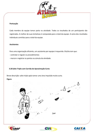  




    Pontuação 
     
    Cada  membro  da  equipe  tomar  parte  na  atividade.  Todos  os  resultados  de  um  participante  são 
    registrados. A melhor de suas tentativas é computada para o total da equipe. A soma dos resultados 
    individuais contribui para o total da equipe. 
     
    Assistentes 
     
    Para uma organização eficiente, um assistente por equipe é requerido. Ele/ela tem que: 
    ‐ controlar e regular os procedimentos 
    ‐ marcar e registrar os pontos na súmula da atividade. 
 
 
    3.26 Salto Triplo com Corrida de Aproximação Curta 
           
Breve descrição: salto triplo após tomar uma área impulsão muito curta. 
Figura 




                                                                                                     
 