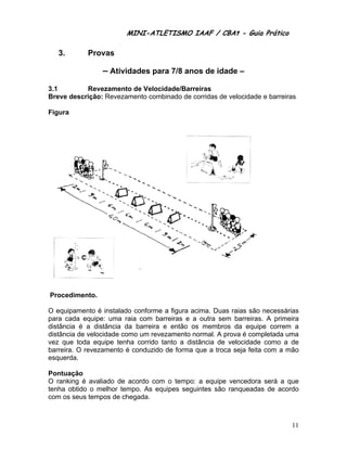 MINI-ATLETISMO IAAF / CBAt - Guia Prático

   3.       Provas

                – Atividades para 7/8 anos de idade –
3.1        Revezamento de Velocidade/Barreiras
Breve descrição: Revezamento combinado de corridas de velocidade e barreiras

Figura




Procedimento.

O equipamento é instalado conforme a figura acima. Duas raias são necessárias
para cada equipe: uma raia com barreiras e a outra sem barreiras. A primeira
distância é a distância da barreira e então os membros da equipe correm a
distância de velocidade como um revezamento normal. A prova é completada uma
vez que toda equipe tenha corrido tanto a distância de velocidade como a de
barreira. O revezamento é conduzido de forma que a troca seja feita com a mão
esquerda.

Pontuação
O ranking é avaliado de acordo com o tempo: a equipe vencedora será a que
tenha obtido o melhor tempo. As equipes seguintes são ranqueadas de acordo
com os seus tempos de chegada.



                                                                          11
 