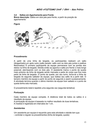 MINI-ATL
                           M      LETISMO IAAF / CB
                                                 CBAt - Guia Prático
                                                          ia

3.4   Saltos em Agacham
              m        mento para Frente
                                 a
Breve descrição Saltos em dois pés para frente a partir d posição d
    e         o:        m                    e,         da        de
agach
    hamento

    ra
Figur




    edimento
Proce

A pa  artir de uma linha de larga
                 u                     ada, os p  participante realizam um salto
                                                             es         m
rã(agaachado),um após outr (salto pa
                 m          ro         arado: salto com os do pés juntos e joelhos
                                                  o           ois
flexion
      nados) O primeiro pa  articipante da equipe permanec com as pontas do
                                                  e           ce        s           os
dedos na linha de largada. Ele/ela ent se agac e salta pra frente o mais long
      s          d                      tão       cha                               ge
possívvel, aterrissando com os dois p
                           m           pés. O ass sistente maarca o pon de qued
                                                                       nto          da
mais próximo da linha de l
                 a          largada sen marcad a parte do corpo q fica ma
                                       ndo         da                   que         ais
perto da linha de largada. O ponto d queda, p seu tur
                                       de         por        rno, torna-s a linha d
                                                                        se          de
largad do segu
      da         undo saltad da equipe, que re
                           dor                    ealiza seu salto rã a partir dali. O
terceiro membro da equipe a partir do ponto do s
                 o         e           o           segundo e assim suce  essivament te.
A ativ
     vidade termmina quando o último m
                            o          membro da equipe tiv saltado e o ponto d
                                                  a          ver                    de
queda tenha sido marcado.
      a           o         .

O pro
    ocedimento total é repe
                          etido uma s
                                    segunda ve (segunda tentativa)
                                             ez       a

    uação
Pontu

Cada membro de equipe compete. A distânc total de todos os saltos é o
                                              cia        e         s
resultado da equuipe.
A ponntuação da equipe é baseada no melhor ressultado de d
                                                         duas tentativas.
A med            strada em intervalos d 1 cm.
      dida é regis                    de

    stentes
Assis

Um as ssistente por equipe é requerido para esta a
                                                 atividade e ela/ele tem que:
                                                                       m
- cont
     trolar e regu os proc
                 ular      cedimentos (linha de largada, queda)
                                     s


                                                                                    15
 