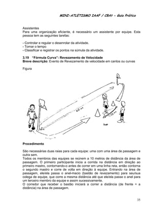 MINI-ATLETISMO IAAF / CBAt - Guia Prático


Assistentes
Para uma organização eficiente, é necessário um assistente por equipe. Esta
pessoa tem as seguintes tarefas:

- Controlar e regular o desenrolar da atividade.
- Tomar o tempo
- Classificar e registrar os pontos na súmula da atividade.

3.19 “Fórmula Curva”: Revezamento de Velocidade
Breve descrição: Evento de Revezamento de velocidade em cantos ou curvas

Figura




Procedimento

São necessárias duas raias para cada equipe: uma com uma área de passagem e
outra sem.
Todos os membros das equipes se reúnem a 10 metros de distância da área de
passagem. O primeiro participante inicia a corrida na distância em direção ao
primeiro mastro, contornando-o antes de correr em uma linha reta, então contorna
o segundo mastro e corre de volta em direção à equipe. Entrando na área de
passagem, ele/ela passa o anel-macio (bastão de revezamento) para seu/sua
colega de equipe, que corre a mesma distância até que ele/ela passe o anel para
um terceiro membro da equipe e assim sucessivamente.
O corredor que receber o bastão iniciará a correr a distância (de frente = a
distância) na área de passagem.


                                                                             35
 