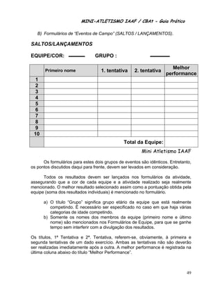 MINI-ATLETISMO IAAF / CBAt - Guia Prático

   B) Formulários de “Eventos de Campo” (SALTOS / LANÇAMENTOS).

SALTOS/LANÇAMENTOS

EQUIPE/COR:                     GRUPO :

                                                                       Melhor
       Primeiro nome               1. tentativa     2. tentativa
                                                                    performance
  1
  2
  3
  4
  5
  6
  7
  8
  9
 10
                                              Total da Equipe:
                                                       Mini Atletismo IAAF

      Os formulários para estes dois grupos de eventos são idênticos. Entretanto,
os pontos discutidos daqui para frente, devem ser levados em consideração.

      Todos os resultados devem ser lançados nos formulários da atividade,
assegurando que a cor de cada equipe e a atividade realizado seja realmente
mencionado. O melhor resultado selecionado assim como a pontuação obtida pela
equipe (soma dos resultados individuais) é mencionado no formulário.

      a) O título “Grupo” significa grupo etário da equipe que está realmente
         competindo. É necessário ser especificado no caso em que haja várias
         categorias de idade competindo.
      b) Somente os nomes dos membros da equipe (primeiro nome e último
         nome) são mencionados nos Formulários de Equipe, para que se ganhe
         tempo sem interferir com a divulgação dos resultados.

Os títulos, 1ª Tentativa e 2ª. Tentativa, referem-se, obviamente, à primeira e
segunda tentativas de um dado exercício. Ambas as tentativas não são deverão
ser realizadas imediatamente após a outra. A melhor performance é registrada na
última coluna abaixo do título “Melhor Performance”.



                                                                              49
 