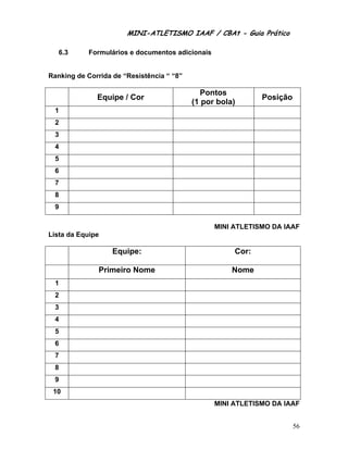 MINI-ATLETISMO IAAF / CBAt - Guia Prático

   6.3      Formulários e documentos adicionais


Ranking de Corrida de “Resistência “ “8”

                                              Pontos
              Equipe / Cor                                    Posição
                                           (1 por bola)
 1
 2
 3
 4
 5
 6
 7
 8
 9

                                                  MINI ATLETISMO DA IAAF
Lista da Equipe

                   Equipe:                             Cor:

               Primeiro Nome                          Nome
 1
 2
 3
 4
 5
 6
 7
 8
 9
 10
                                                  MINI ATLETISMO DA IAAF


                                                                        56
 