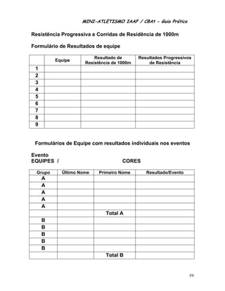 MINI-ATLETISMO IAAF / CBAt - Guia Prático

Resistência Progressiva e Corridas de Residência de 1000m

Formulário de Resultados de equipe

                         Resultado de       Resultados Progressivos
          Equipe
                     Resistência de 1000m       de Resistência
 1
 2
 3
 4
 5
 6
 7
 8
 9


 Formulários de Equipe com resultados individuais nos eventos

Evento
EQUIPES /                            CORES

  Grupo     Último Nome    Primeiro Nome       Resultado/Evento
     A
     A
     A
     A
     A
                              Total A
     B
     B
     B
     B
     B
                              Total B


                                                                  59
 