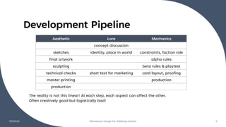 Development Pipeline
7/6/2023 Miniatures Design for Tabletop Games 5
Aesthetic Lore Mechanics
concept discussion
sketches identity, place in world constraints, faction role
final artwork alpha rules
sculpting beta rules & playtest
technical checks short text for marketing card layout, proofing
master printing production
production
The reality is not this linear! At each step, each aspect can affect the other.
Often creatively good but logistically bad!
 