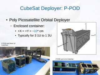 ● Poly Picosatellite Orbital Deployer
– Enclosed container:
● +X = +Y = ~10* cm
● Typically for 3 1U to 1 3U
P-POD and three 1U
CubeSats
P-POD and a 3U CubeSat
CubeSat Deployer: P-POD
 