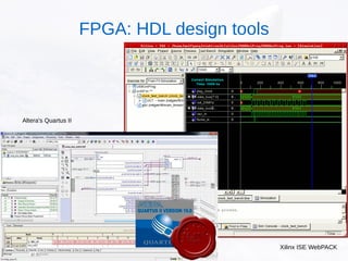 Xilinx ISE WebPACK
Altera's Quartus II
FPGA: HDL design tools
 