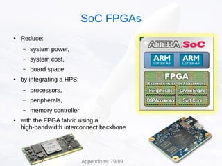 ● Reduce:
– system power,
– system cost,
– board space
● by integrating a HPS:
– processors,
– peripherals,
– memory controller
● with the FPGA fabric using a
high-bandwidth interconnect backbone
SoC FPGAs
Appendixes: 79/89
 