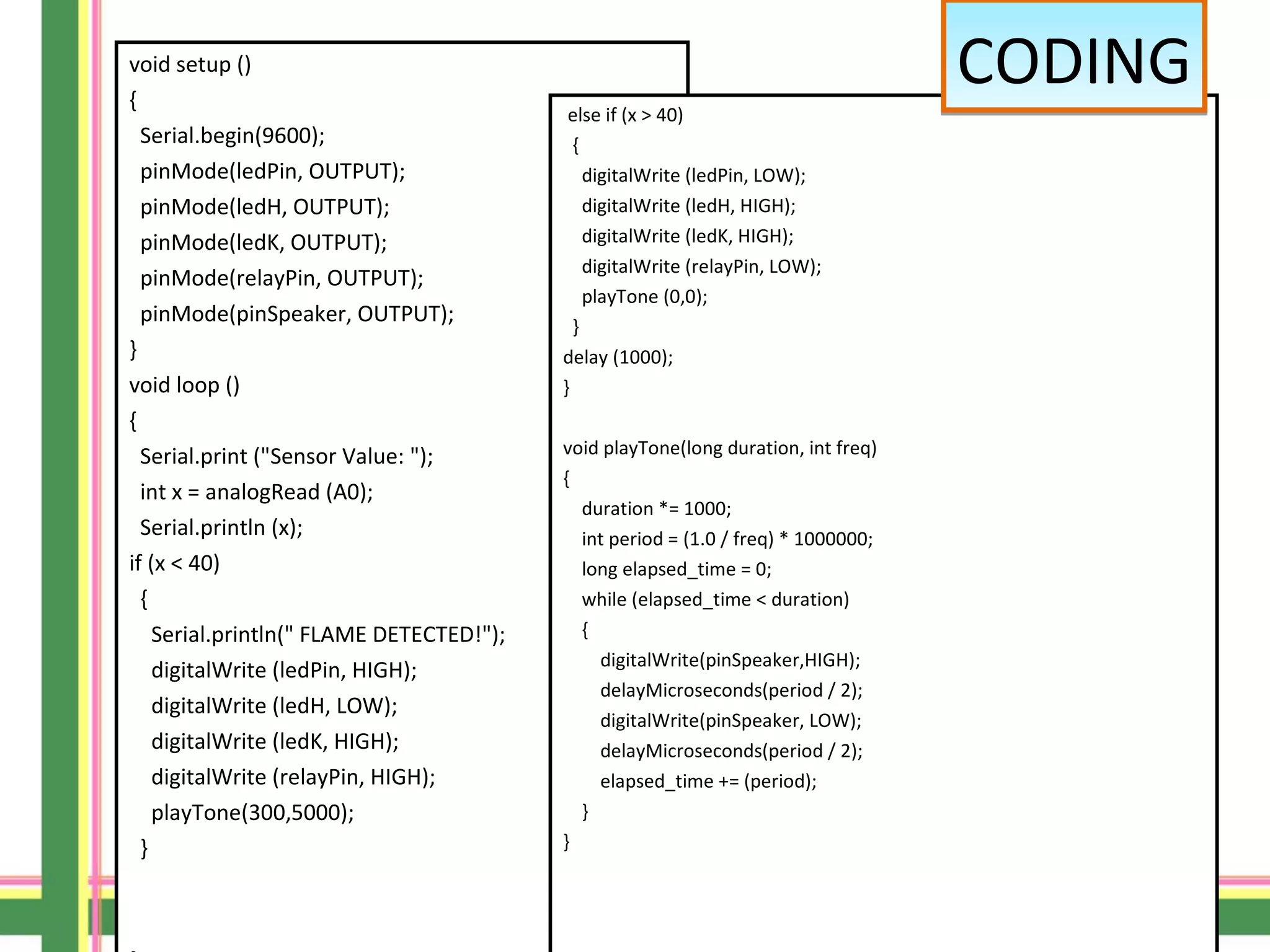 void setup ()
{
Serial.begin(9600);
pinMode(ledPin, OUTPUT);
pinMode(ledH, OUTPUT);
pinMode(ledK, OUTPUT);
pinMode(relayPin, OUTPUT);
pinMode(pinSpeaker, OUTPUT);
}
void loop ()
{
Serial.print ("Sensor Value: ");
int x = analogRead (A0);
Serial.println (x);
if (x < 40)
{
Serial.println(" FLAME DETECTED!");
digitalWrite (ledPin, HIGH);
digitalWrite (ledH, LOW);
digitalWrite (ledK, HIGH);
digitalWrite (relayPin, HIGH);
playTone(300,5000);
}
else if (x > 40)
{
digitalWrite (ledPin, LOW);
digitalWrite (ledH, HIGH);
digitalWrite (ledK, HIGH);
digitalWrite (relayPin, LOW);
playTone (0,0);
}
delay (1000);
}
void playTone(long duration, int freq)
{
duration *= 1000;
int period = (1.0 / freq) * 1000000;
long elapsed_time = 0;
while (elapsed_time < duration)
{
digitalWrite(pinSpeaker,HIGH);
delayMicroseconds(period / 2);
digitalWrite(pinSpeaker, LOW);
delayMicroseconds(period / 2);
elapsed_time += (period);
}
}
CODINGCODING
 