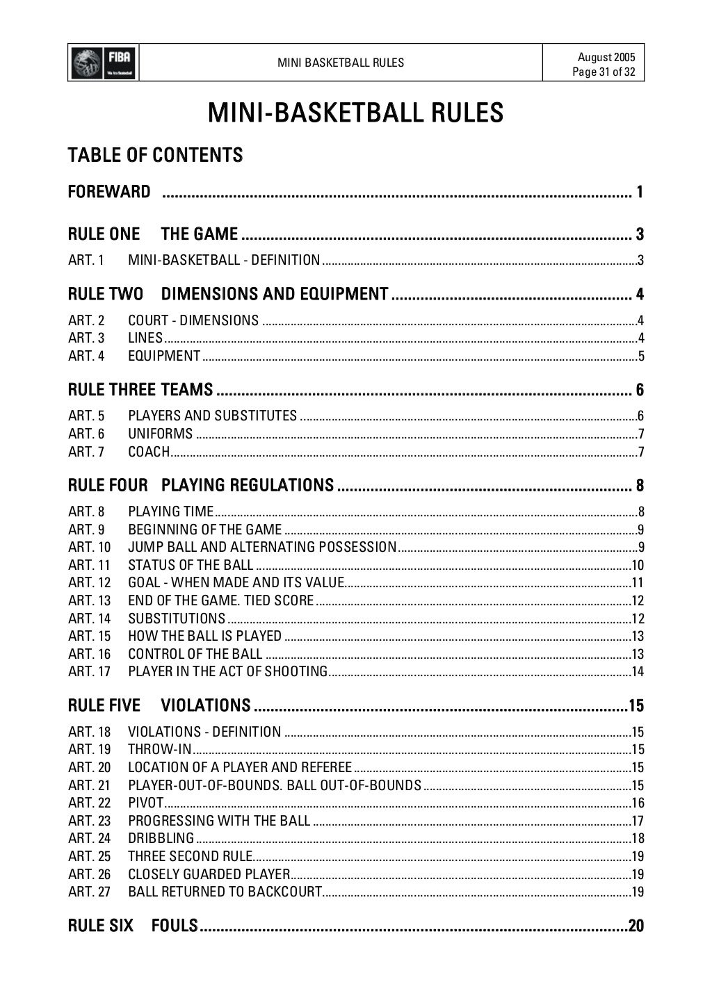 Mini basketball rules 2005
