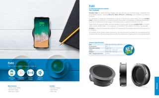 Wireless
Fs80
The first invisible Wireless Charger in the world.
Main Features
• Quick charge (10W)
• Wireless charge
• Warranty: 2 years
Includes
• Wireless Charger
• User Manual
• USB Cable
MiniBatt FS80 is a stylish Wireless charger, with one induction coil and fast charge, compatible with
all Qi wireless devices, including iPhone 8 / 8plus, iPhone X or Samsung, to be installed in any piece of
furniture.
It is designed to charge your Smartphone or any 5V or 9V electronic device easily. The new miniBatt
FS80 is made of aluminium in a metallic titanium matt finish. It incorporates a threaded fixing system
enabling the installation of the charger in any Surface with a maximum thickness of 50 mm.
Forget about disorganised cables and enjoy Wireless Charging with the new miniBatt FS80 in any desk,
table, counter, bedside table, …) to charge your smartphone in the simplest and easiest way possible.
MiniBatt is a Spanish company specialized in the development of charging solutions to facilitate access
to charging.
As members of the Wireless Power Consortium, the manufacturers’ association for the development of
products with Qi as the prevailing global standard for Smartphone charging, and as an authorised Apple
Fs80
QI FURNITURE WIRELESS CHARGER
FAST CHARGER
Technical Specifications
Size: 	 ø 90 x 80 x 20 (max. 50) mm.
Qi Standard:	 WPC 1.2
Induction system: 	 Single Coil
Input: 	 DC5V-2.0A I 9V-1.67A
Output: 	 DC5V-1.0A I 9V 1.1A
Max. charging distance: 	 0-8 mm.
Wireless
Charger
Standard
Version 1.2
1 Coil MAX
Performance
Fast Charge
10 W
 