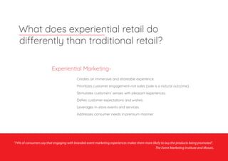 “74% of consumers say that engaging with branded event marketing experiences makes them more likely to buy the products being promoted”.
The Event Marketing Institute and Mosaic.
What does experiential retail do
differently than traditional retail?
Creates an immersive and shareable experience.
Prioritizes customer engagement-not sales (sale is a natural outcome).
Stimulates customers’ senses with pleasant experiences.
Deﬁes customer expectations and wishes.
Leverages in-store events and services.
Addresses consumer needs in premium manner.
Experiential Marketing-
 
