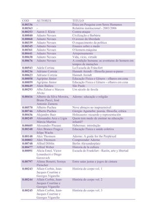 COD       AUTORES                     TITULO
0.00336   -                           Ética em Pesquisa com Seres Humanos
0.00363   -                           Relatório institucional - 2003/2006
0.00253   Aaron J. Klein              Contra-ataque
0.00040   Adauto Novaes               Civilização e Barbárie
0.00068   Adauto Novaes               O avesso da liberdade
0.00339   Adauto Novaes               O esquecimento da política
0.00345   Adauto Novaes               Ensaios sobre o medo
0.00361   Adauto Novaes               O homem-máquina
0.00441   Adauto Novaes               Artepensamento
0.00638   Adauto Novaes               Vida, vício, virtude
0.00676   Adauto Novaes               A condição humana: as aventuras do homem em
                                      tempos de mutações
0.00543   Adela Cortina               La Escuela de Fráncfort
0.00236   Adriano Correia             Hannah Arendt - filosofia passo-a-passo
0.00623   Adriano Correia             Hannah Arendt
0.00058   Agripino Júnior             Educação Física e Gênero - olhares em cena
0.00059   Agripino Júnior             Educação Física e Gênero - olhares em cena
0.00649   Alain Badiou                São Paulo
0.00293   Alba Zaluar e Marcos        Um século de favela
          Alvito
0.00416   Alberto da Silva Moreira,   Adorno: educação e religião
          Bruno Pucci, José
          Antonio Zamora
0.00570   Alberto Pucheu              Nove abraços no inapreensível
0.00746   Alberto Pucheu              Giorgio Agamebn: poesia, filosofia, crítica
0.00436   Alejandro Baer              Holocausto: recuerdo y representación
0.00249   Alessandra Arce e Lígia     Quem tem medo de ensinar na educação
          Márcia Martins              infantil?
0.00605   Alessandro Pinzani          Habermas: introdução
0.00348   Alex Branco Fraga e         Educação Física e saúde coletiva
          felipe Wachs
0.00148   Alex Thomson                Adorno: A guide for the Perplexed
0.00802   Alex Thomson                Compreender Adorno
0.00748   Alfred Döblin               Berlin Alexanderplatz
0.00477   Alfred Weber                Historia de la cultura
0.00091   Alicia Entel, Víctor        Escuela de Frankfurt - Razón, arte y libertad
          Lenarduzzi e Diego
          Gerzovich
0.00797   Alinne Bonetti; Soraya      Entre saias justas e jogos de cintura
          Fleischer
0.00243   Allain Corbin, Jean-        História do corpo vol. 1
          Jacques Courtine e
          Georges Vigarello
0.00244   Allain Corbin, Jean-        História do corpo vol. 2
          Jacques Courtine e
          Georges Vigarello
0.00245   Allain Corbin, Jean-        História do corpo vol. 3
          Jacques Courtine e
          Georges Vigarello
 