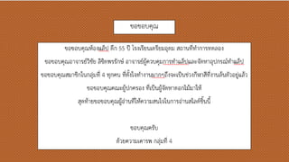 ขออขออบคุณ
ขออขออบคุณห้องแล็ป ตึก 55 ปี โรงเรียนเตรียมอุดม สถานที่ทาการทดลอง
ขออขออบคุณอาจารย์วิชัย ลิขอิตพรรักษ์ อาจารย์ผู้ควบคุมการทาแล็ปและจัดหาอุปกรณ์ทาแล็ป
ขออขออบคุณสมาชิกในกลุ่มที่ 4 ทุกคน ที่ตั้งใจทางานมากๆถึงจะเป็นช่วงกีฬาสีที่งานล้นตัวอยู่
แล้ว
ขออขออบคุณคณะผู้ปกครอง ที่เป็นผู้จัดหาดอกไม้มาให้
สุดท้ายขออขออบคุณผู้อ่านที่ให้ความสนใจในการอ่านสไลด์ชิ้นนี้
ขออบคุณครับ
ด้วยความเคารพ กลุ่มที่ 4
 
