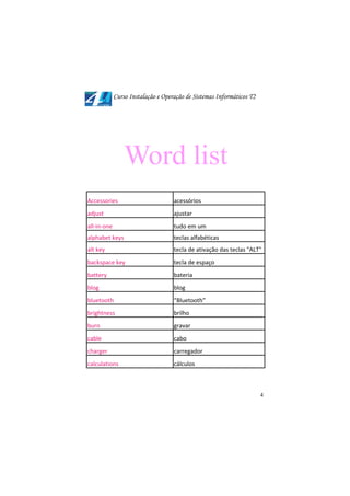 Curso Instalação e Operação de Sistemas Informáticos T2




                 Word list
Accessories                         acessórios
adjust                              ajustar
all-in-one                          tudo em um
alphabet keys                       teclas alfabéticas
alt key                             tecla de ativação das teclas "ALT"
backspace key                       tecla de espaço
battery                             bateria
blog                                blog
bluetooth                           “Bluetooth”
brightness                          brilho
burn                                gravar
cable                               cabo
charger                             carregador
calculations                        cálculos



                                                                       4
 