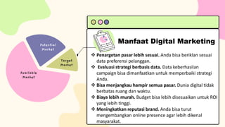 Manfaat Digital Marketing
 Penargetan pasar lebih sesuai. Anda bisa beriklan sesuai
data preferensi pelanggan.
 Evaluasi strategi berbasis data. Data keberhasilan
campaign bisa dimanfaatkan untuk memperbaiki strategi
Anda.
 Bisa menjangkau hampir semua pasar. Dunia digital tidak
berbatas ruang dan waktu.
 Biaya lebih murah. Budget bisa lebih disesuaikan untuk ROI
yang lebih tinggi.
 Meningkatkan reputasi brand. Anda bisa turut
mengembangkan online presence agar lebih dikenal
masyarakat.
Available
Market
Target
Market
Potential
Market
 