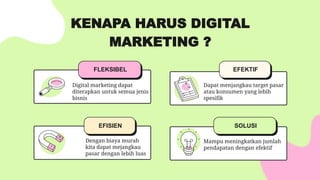 KENAPA HARUS DIGITAL
MARKETING ?
FLEKSIBEL
SOLUSI
EFEKTIF
EFISIEN
Digital marketing dapat
diterapkan untuk semua jenis
bisnis
Mampu meningkatkan jumlah
pendapatan dengan efektif
Dapat menjangkau target pasar
atau konsumen yang lebih
spesifik
Dengan biaya murah
kita dapat mejangkau
pasar dengan lebih luas
 
