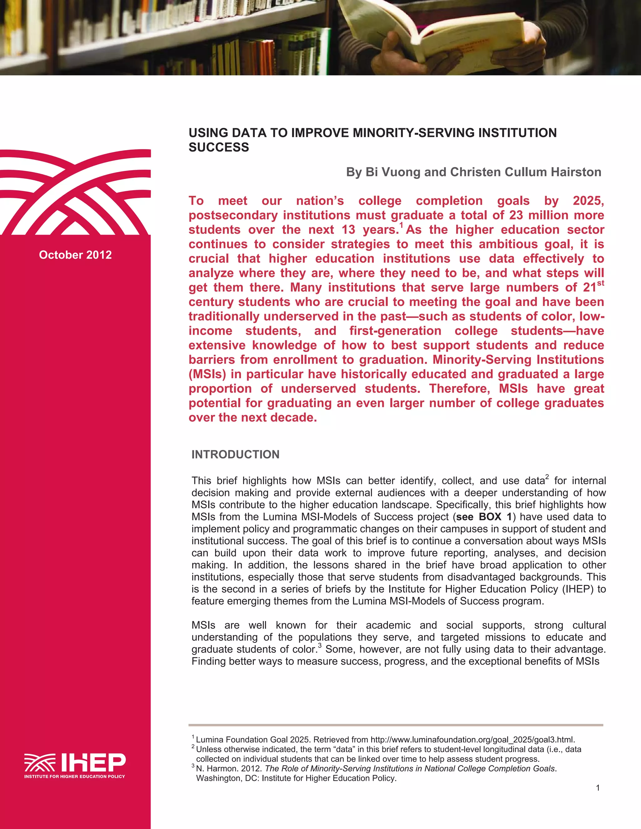Using Data to Improve MinorityServing Institution Success PDF