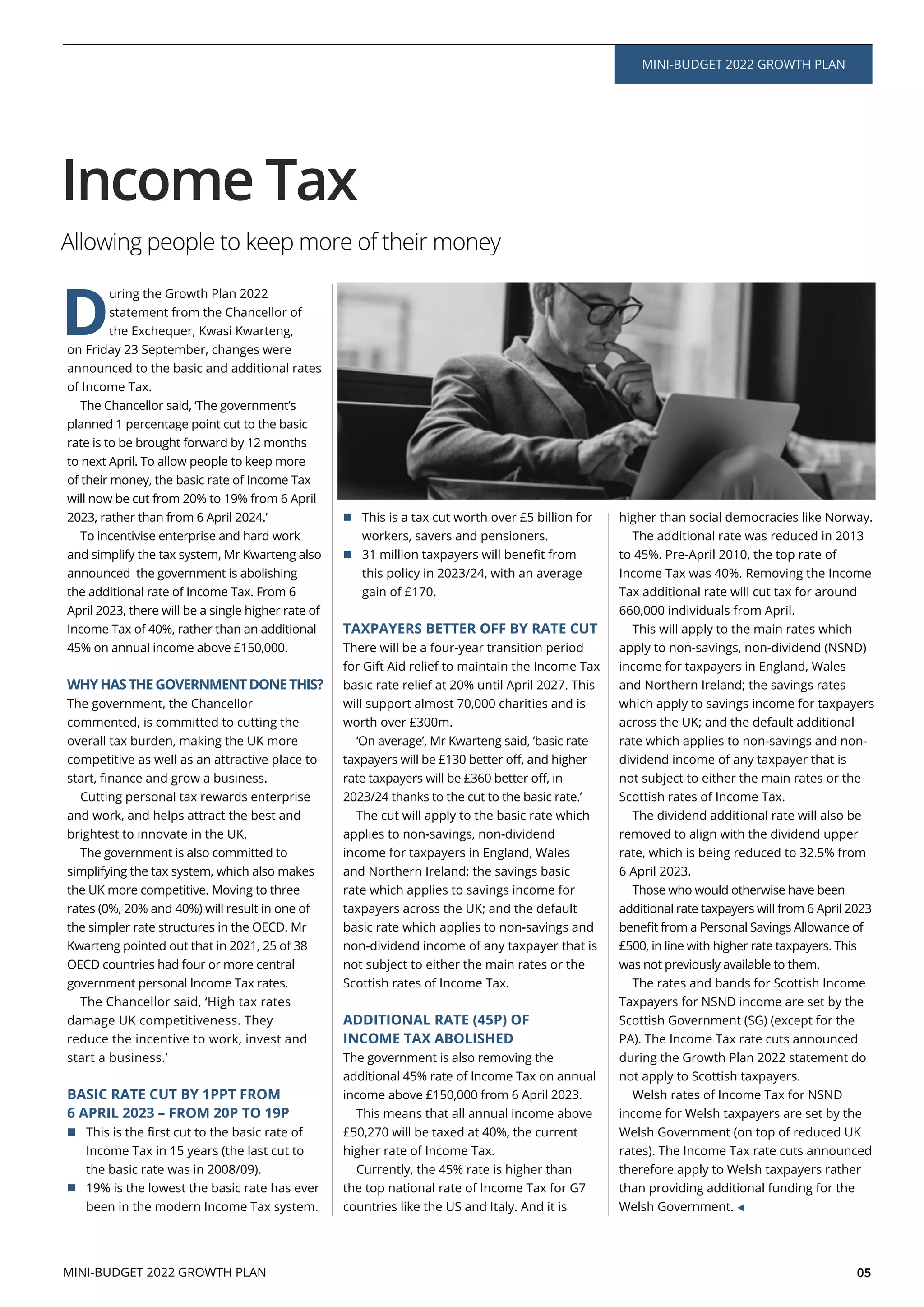 05
Income Tax
Allowing people to keep more of their money
D
uring the Growth Plan 2022
statement from the Chancellor of
the Exchequer, Kwasi Kwarteng,
of Income Tax.
to next April. To allow people to keep more
To incentivise enterprise and hard work
and simplify the tax system, Mr Kwarteng also
the additional rate of Income Tax. From 6
WHYHASTHEGOVERNMENTDONETHIS?
The government, the Chancellor
commented, is committed to cutting the
competitive as well as an attractive place to
Cutting personal tax rewards enterprise
The government is also committed to
simplifying the tax system, which also makes
the UK more competitive. Moving to three
the simpler rate structures in the OECD. Mr
OECD countries had four or more central
government personal Income Tax rates.
The Chancellor said, ‘High tax rates
damage UK competitiveness. They
reduce the incentive to work, invest and
BASIC RATE CUT BY 1PPT FROM
6 APRIL 2023 – FROM 20P TO 19P
workers, savers and pensioners.
TAXPAYERS BETTER OFF BY RATE CUT
for Gift Aid relief to maintain the Income Tax
will support almost 70,000 charities and is
worth over £300m.
applies to non-savings, non-dividend
income for taxpayers in England, Wales
rate which applies to savings income for
taxpayers across the UK; and the default
non-dividend income of any taxpayer that is
Scottish rates of Income Tax.
ADDITIONAL RATE (45P) OF
INCOME TAX ABOLISHED
The government is also removing the
higher rate of Income Tax.
the top national rate of Income Tax for G7
countries like the US and Italy. And it is
higher than social democracies like Norway.
Tax additional rate will cut tax for around
660,000 individuals from April.
This will apply to the main rates which
apply to non-savings, non-dividend (NSND)
income for taxpayers in England, Wales
and Northern Ireland; the savings rates
which apply to savings income for taxpayers
across the UK; and the default additional
rate which applies to non-savings and non-
dividend income of any taxpayer that is
Scottish rates of Income Tax.
removed to align with the dividend upper
6 April 2023.
additional rate taxpayers will from 6 April 2023
Scottish Government (SG) (except for the
PA). The Income Tax rate cuts announced
during the Growth Plan 2022 statement do
not apply to Scottish taxpayers.
Welsh rates of Income Tax for NSND
Welsh Government (on top of reduced UK
rates). The Income Tax rate cuts announced
therefore apply to Welsh taxpayers rather
than providing additional funding for the
Welsh Government.
MINI-BUDGET 2022 GROWTH PLAN
MINI-BUDGET 2022 GROWTH PLAN
 