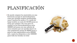  Se puede comprar los materiales en una
ferretería excepto lo electrodoméstico
como por ejemplo madera prediseñada,
unos 5 metros de ancho y 2 y medio de
largo tendría un costo de 50.000 pesos se
tiene que compra 5 de esos pero en
cambio en los electrodomésticos seria
566900 mil pesos con una adición de
unos estantes que ser pueden hacer en
una carpintería serian de 60000 pesos y
para la caja registradora seria 280000
mil, y para los alimentos es de 1000000
para toda las tiendas en total
 