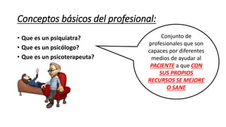 Conceptos básicos del profesional:
• Que es un psiquiatra?
• Que es un psicólogo?
• Que es un psicoterapeuta?
Conjunto de
profesionales que son
capaces por diferentes
medios de ayudar al
PACIENTE a que CON
SUS PROPIOS
RECURSOS SE MEJORE
O SANE
 