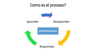 Como es el proceso?
Desaprender
Reaprender
Aprender
MEMORIA/GENES
 