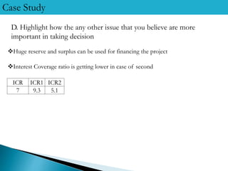Case Study
D. Highlight how the any other issue that you believe are more
important in taking decision
Huge reserve and surplus can be used for financing the project
Interest Coverage ratio is getting lower in case of second
ICR ICR1 ICR2
7 9.3 5.1
 