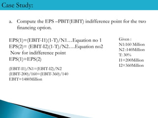 Case Study:
a. Compute the EPS –PBIT(EBIT) indifference point for the two
financing option.
EPS(1)=(EBIT-I1)(1-T)/N1…Equation no 1
EPS(2)= (EBIT-I2)(1-T)/N2….Equation no2
Now for indifference point
EPS(1)=EPS(2)
Given :
N1:160 Million
N2 :140Million
T: 30%
I1=200Million
I2=360Million
(EBIT-I1)/N1=(EBIT-I2)/N2
(EBIT-200)/160=(EBIT-360)/140
EBIT=1480Million
 