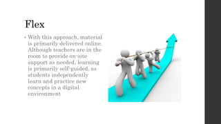 Flex
• With this approach, material
is primarily delivered online.
Although teachers are in the
room to provide on-site
support as needed, learning
is primarily self-guided, as
students independently
learn and practice new
concepts in a digital
environment
 