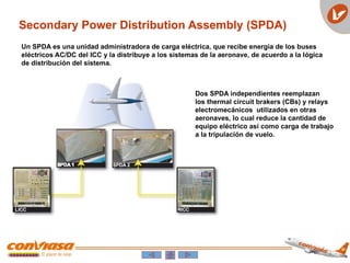 Secondary Power Distribution Assembly (SPDA)
Un SPDA es una unidad administradora de carga eléctrica, que recibe energía de los buses
eléctricos AC/DC del ICC y la distribuye a los sistemas de la aeronave, de acuerdo a la lógica
de distribución del sistema.
Dos SPDA independientes reemplazan
los thermal circuit brakers (CBs) y relays
electromecánicos utilizados en otras
aeronaves, lo cual reduce la cantidad de
equipo eléctrico así como carga de trabajo
a la tripulación de vuelo.
 