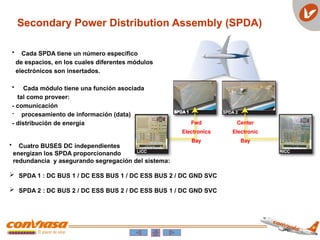 Fwd
Electronics
Bay
Center
Electronic
Bay
• Cada SPDA tiene un número específico
de espacios, en los cuales diferentes módulos
electrónicos son insertados.
• Cada módulo tiene una función asociada
tal como proveer:
- comunicación
- procesamiento de información (data)
- distribución de energía
Secondary Power Distribution Assembly (SPDA)
• Cuatro BUSES DC independientes
energizan los SPDA proporcionando
redundancia y asegurando segregación del sistema:
 SPDA 1 : DC BUS 1 / DC ESS BUS 1 / DC ESS BUS 2 / DC GND SVC
 SPDA 2 : DC BUS 2 / DC ESS BUS 2 / DC ESS BUS 1 / DC GND SVC
 