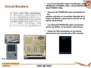 Circuit Breakers
• REMOTE CB
TRIP
• Los Circuit Breakers estan clasificados como
TÉRMICOS (THERMAL CBs) o ELECTRONICOS
(ELECTRONIC CBs).
• Algunos CB TERMICOS están localizados en
los
paneles ubicados en la paredes laterales de la
Cabina de Mando y otros dentro del ICC en las
bahías electrónicas.
• Los CB ELECTRONICOS están localizados
dentro del SPDA, en las bahías electrónicas.
• Todos los CBs localizados en las bahías
electrónicas son considerados CBs remotos
 