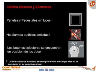 Cabina Obscura y Silenciosa
Paneles y Pedestales sin luces !
No alarmas audibles emitidas !
Los botones selectores se encuentran
en posición de las doce !
 Una barra blanca iluminada en cualquier botón indica que este no se
encuentra en su posición normal.
 