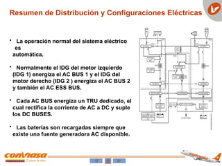 Resumen de Distribución y Configuraciones Eléctricas
• La operación normal del sistema eléctrico
es
automática.
• Normalmente el IDG del motor izquierdo
(IDG 1) energiza el AC BUS 1 y el IDG del
motor derecho (IDG 2 ) energiza el AC BUS 2
y también el AC ESS BUS.
• Cada AC BUS energiza un TRU dedicado, el
cual rectifica la corriente de AC a DC y suple
los DC BUSES.
• Las baterías son recargadas siempre que
existe una fuente generadora AC disponible.
 