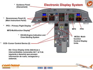 Electronic Display System
DU- Cinco Display Units (Idénticas e
intercambiables numeradas del 1 al 5 de
izquierda a derecha) que proveen
información de vuelo, navegación y
sistemas.
MFD PFD
1
1
1 3
2 4 5
• MCDU- Multi-
function
Control Display
Units
• Reversionary Panel (2)
(Main Instrument Panel)
• CCD- Cursor Control Device (2)
• Guidance Panel
(Glareshield)
• PFD – Primary Flight Display
MFD-Multifunction Display
• EICAS-Engine Indication and
Crew Alerting System
 