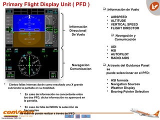 Primary Flight Display Unit ( PFD )
Información
Direccional
De Vuelo
Navegacion
Comunicacion
 Información de Vuelo
• AIRSPEED
• ALTITUDE
• VERTICAL SPEED
• FLIGHT DIRECTOR
 Navegación y
Comunicación
• ADI
• HSI
• AUTOPILOT
• RADIO AIDS
 A través del Guidance Panel
se
puede seleccionar en el PFD:
• HSI formats
• Navigation Sources
• Weather Display
• Bearing Pointer Selection
• Ciertas fallas internas darán como resultado una X grande
cubriendo la pantalla en su totalidad.
• En caso de información no concordante entre
los dos PFD, dicha información no aparecerá en
la pantalla.
• En caso de falla del MCDU la selección de
frecuencias
de radio se puede realizar a través del PFD.
Generalidades EMB-190
 