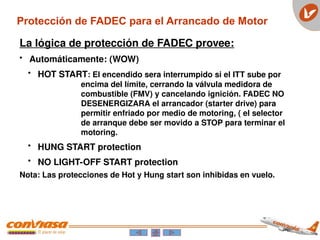 Protección de FADEC para el Arrancado de Motor
La lógica de protección de FADEC provee:
• Automáticamente: (WOW)
• HOT START: El encendido sera interrumpido si el ITT sube por
encima del límite, cerrando la válvula medidora de
combustible (FMV) y cancelando ignición. FADEC NO
DESENERGIZARA el arrancador (starter drive) para
permitir enfriado por medio de motoring, ( el selector
de arranque debe ser movido a STOP para terminar el
motoring.
• HUNG START protection
• NO LIGHT-OFF START protection
Nota: Las protecciones de Hot y Hung start son inhibidas en vuelo.
 