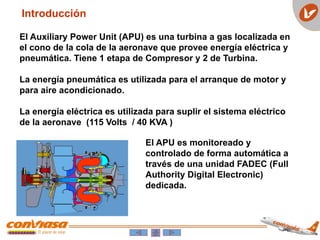 Introducción
El Auxiliary Power Unit (APU) es una turbina a gas localizada en
el cono de la cola de la aeronave que provee energía eléctrica y
pneumática. Tiene 1 etapa de Compresor y 2 de Turbina.
La energía pneumática es utilizada para el arranque de motor y
para aire acondicionado.
La energía eléctrica es utilizada para suplir el sistema eléctrico
de la aeronave (115 Volts / 40 KVA )
El APU es monitoreado y
controlado de forma automática a
través de una unidad FADEC (Full
Authority Digital Electronic)
dedicada.
 