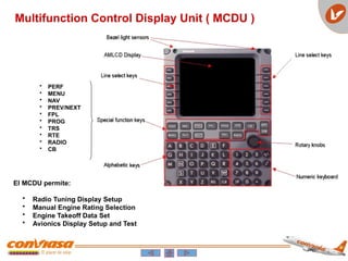 • PERF
• MENU
• NAV
• PREV/NEXT
• FPL
• PROG
• TRS
• RTE
• RADIO
• CB
El MCDU permite:
• Radio Tuning Display Setup
• Manual Engine Rating Selection
• Engine Takeoff Data Set
• Avionics Display Setup and Test
Multifunction Control Display Unit ( MCDU )
 